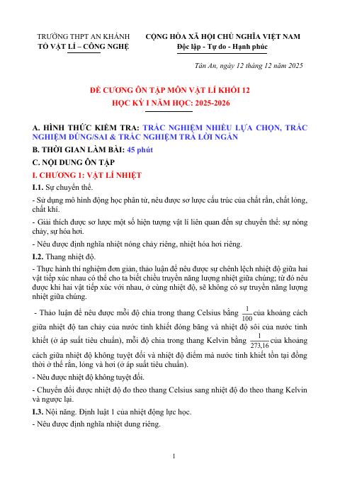 Đề cương ôn tập Học kì 1 Vật lí 12 năm 2025–2026 trường THPT An Khánh (Cần Thơ)